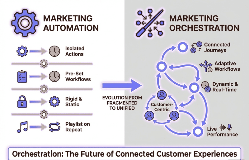 An Infographic Depicting the differences between Marketing Orchestration Vs. Marketing Automation