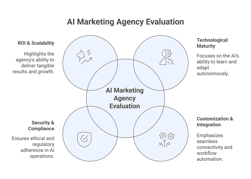 Infographic showing how to choose the right AI marketing agency or build your own stack. Sections include: Technological Maturity & Agentic Capabilities (goal-oriented agents, adaptability, continuous learning), Customization & Integration (cross-platform connectivity, orchestration, robust APIs), Security & Compliance (GDPR/CCPA, explainable AI, Human-in-the-Loop oversight), and Proven ROI & Scalability (case studies, autonomous budget allocation, system scalability). The footer emphasizes choosing autonomy, integration, and proven performance for resilient, high-ROI marketing operations.