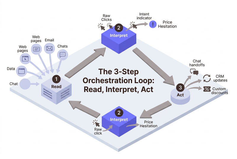 The 3-Step Orchestration Loop: Read, Interpret, Act The 3-step orchestration loop: read signals across channels, interpret intent, and act in real time — the core cycle of customer journey orchestration