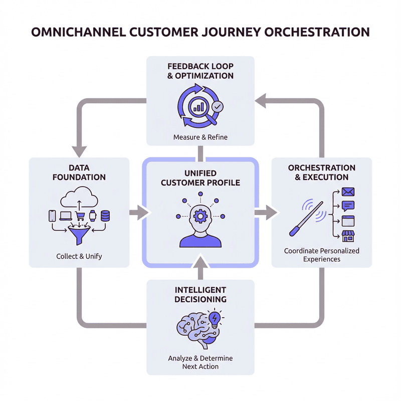 Infographic detailing the Omnichannel Customer Journey Orchestration cycle. A central Unified Customer Profile connects to a loop of four stages: Data Foundation, Intelligent Decisioning, Orchestration & Execution, and Feedback Loop & Optimization.