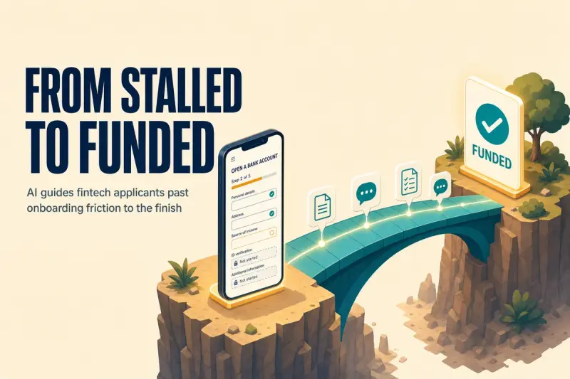 Fintech AI onboarding hero illustration showing a smartphone with a half-finished account form at a cliff edge and an AI guide-bridge carrying the applicant across to a funded account.