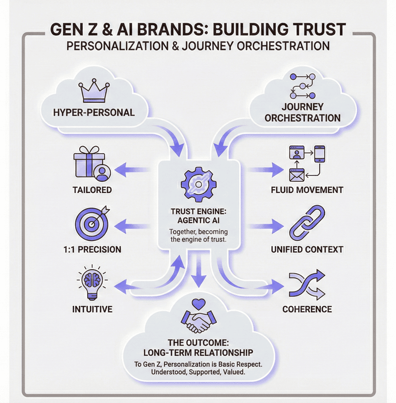 An infographic representing why gen z trusts AI brands through personalization and Customer Journey Orchestration 