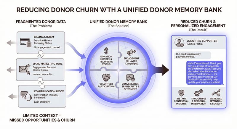 An infographic representing How to Reduce Donor Churn with a Unified Donor Memory Bank