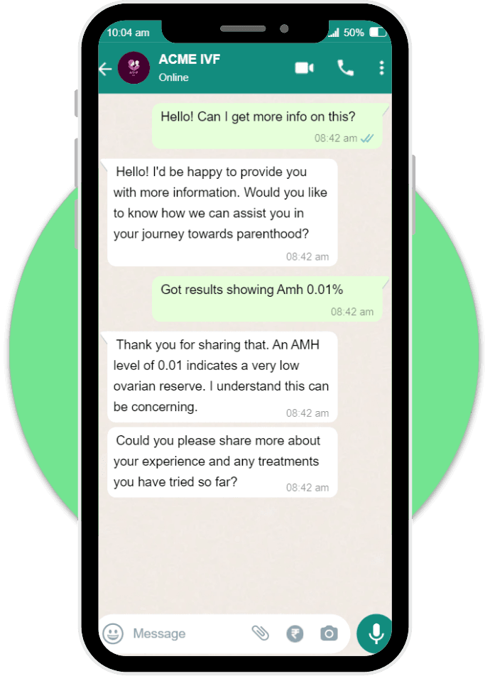 Mockup of a WhatsApp conversation between a user and ACME IVF, where an AI assistant provides information about AMH levels and asks about previous treatments.