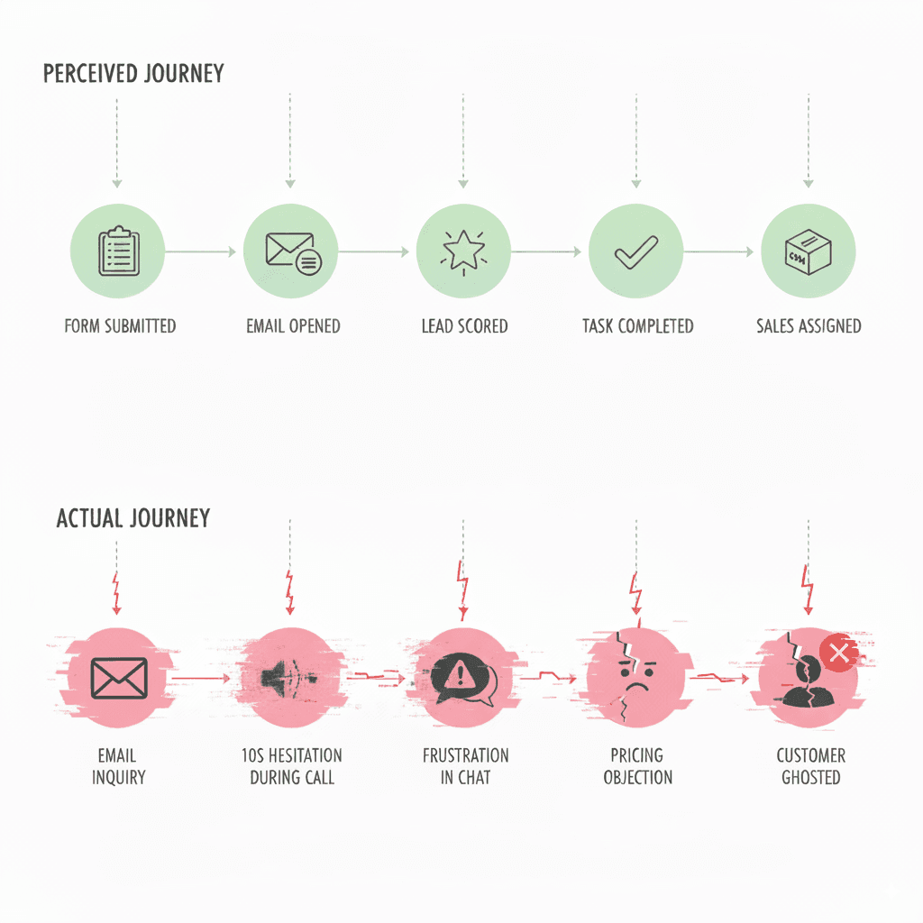 Illustration comparing the perceived vs actual customer journey in sales. The top shows an ideal single customer view form submission to sales assignment. The bottom exposes real-world issues like hesitation, frustration, and ghosting. Demonstrates how AI agents, customer data management, unified customer profiles, and AI-driven personalization improve customer experience, workflow automation, and sales enablement.