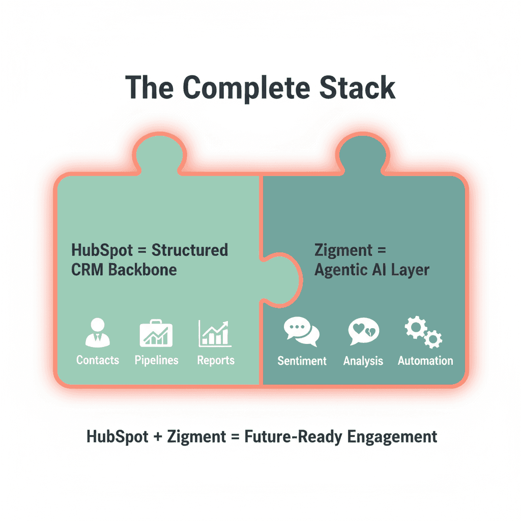 Visual of The Complete Stack showing how HubSpot and Zigment integrate seamlessly. The left puzzle piece represents HubSpot’s structured CRM backbone with contacts, pipelines, and reports. The right shows Zigment’s agentic AI layer enabling sentiment, analysis, and automation. Highlights AI-driven workflows, customer data management, personalization engine, sales automation, and future-ready customer engagement.