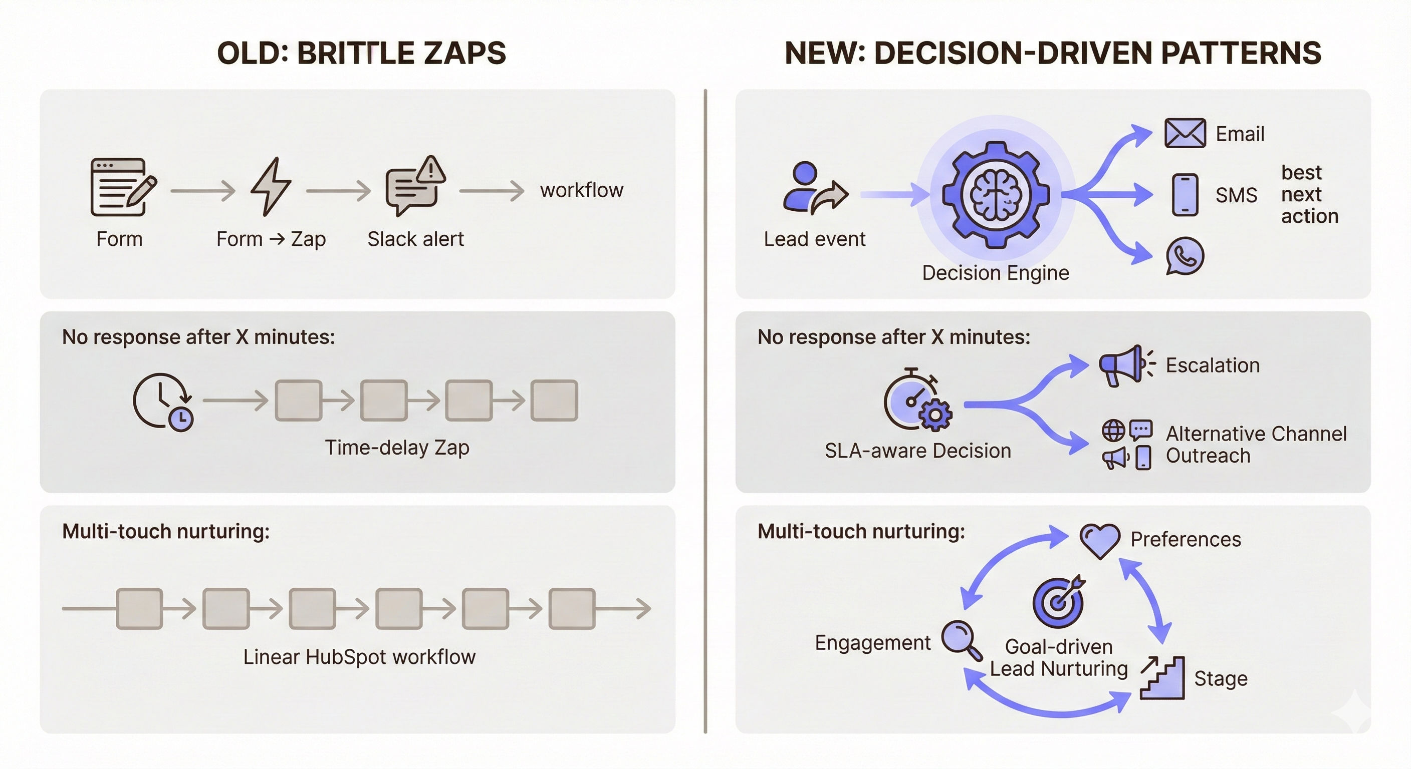 An Infographic representing old brittle zaps vs. new decision driven patterns