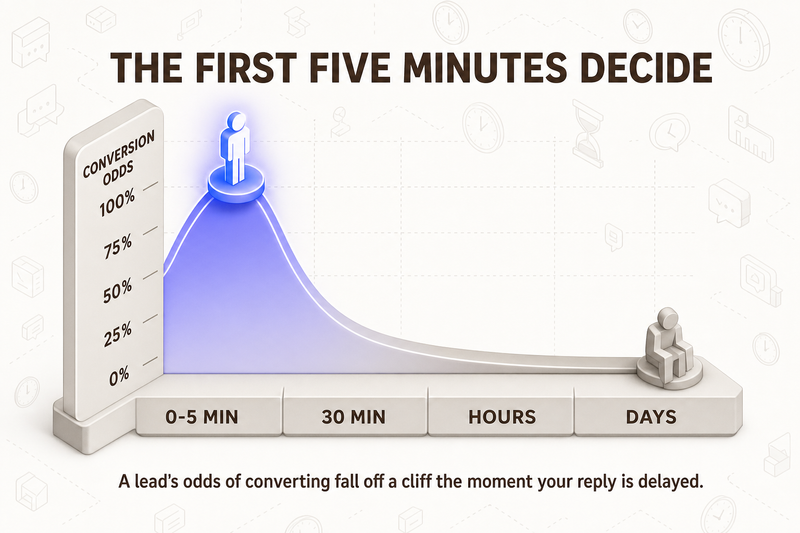 Neo Flat Isometric infographic titled The First Five Minutes Decide: a conversion-odds curve peaks within five minutes and collapses over hours and days, showing lead conversion falls sharply as reply time increases.