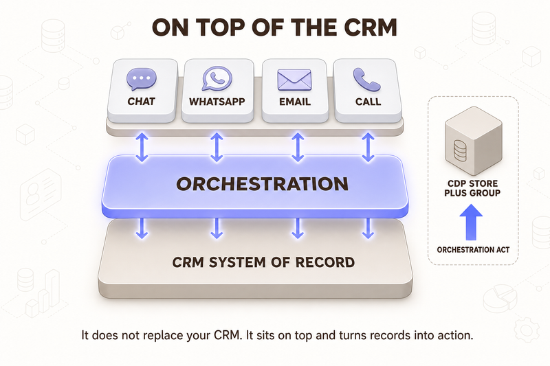 Neo Flat Isometric infographic titled On Top Of The CRM: a three-tier stack with live channels on top, an orchestration layer in the middle, and the CRM system of record at the base, with a CDP versus orchestration inset.