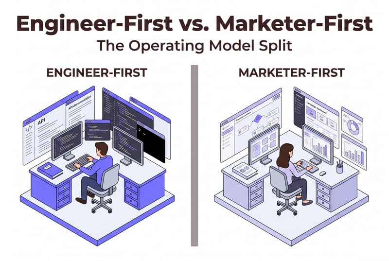 Neo Flat Isometric infographic comparing engineer-first workstation with code editors and terminal windows versus marketer-first workstation with drag-and-drop workflow canvas and campaign dashboards