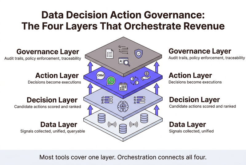 Four stacked isometric layers of revenue orchestration architecture showing Data, Decision, Action, and Governance connected by signal flow