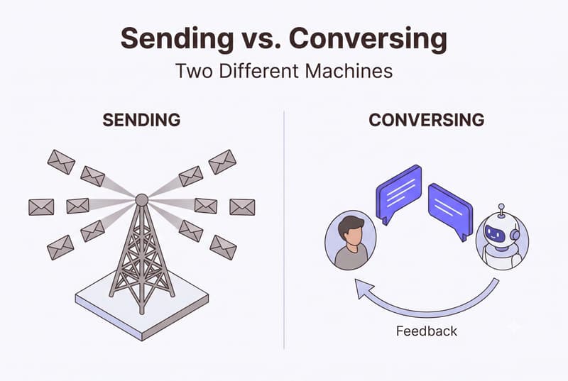 Neo Flat Isometric infographic comparing sending (broadcast tower blasting identical envelopes) versus conversing (customer and AI agent exchanging speech bubbles with feedback loop)