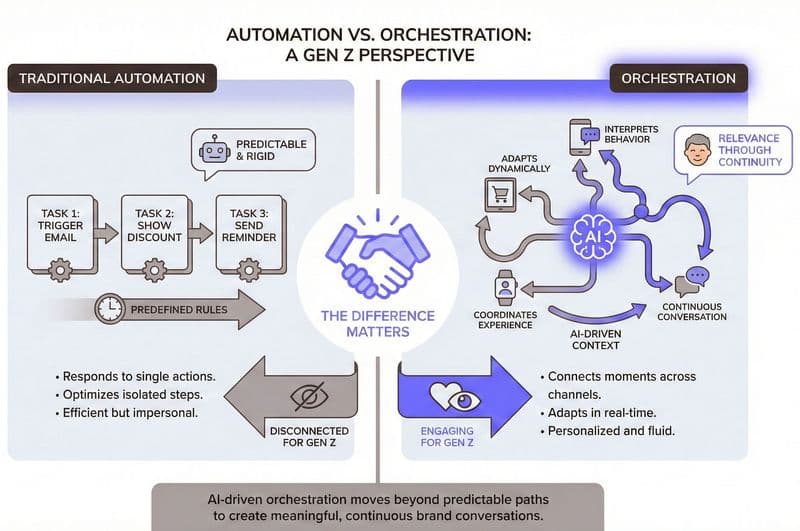 An Infographic Visualizing the difference between traditional automation and orchestration for gen z