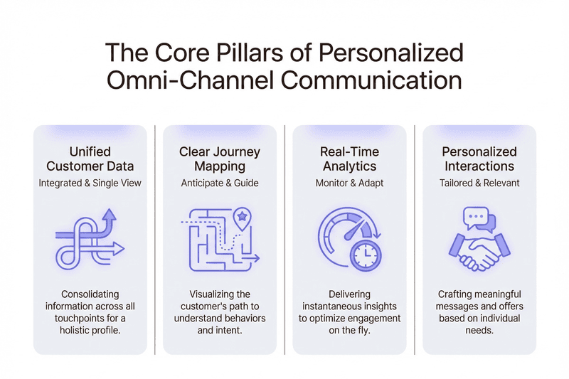 Minimalistic infographic, represents: Unified Customer Data with data stream icon, Clear Journey Mapping with maze/map icon, Real-Time Analytics with speedometer/clock icon, Personalized Interactions with handshake/chat icon