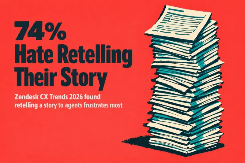 Hot coral cover with the headline 74% Hate Retelling Their Story on the left and a tall leaning stack of identical paper forms printed in risograph style on the right.
