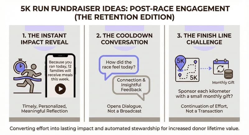 An infographic representing 5K Run Fundraiser Ideas for Post-Race Engagement (The Retention Edition)
