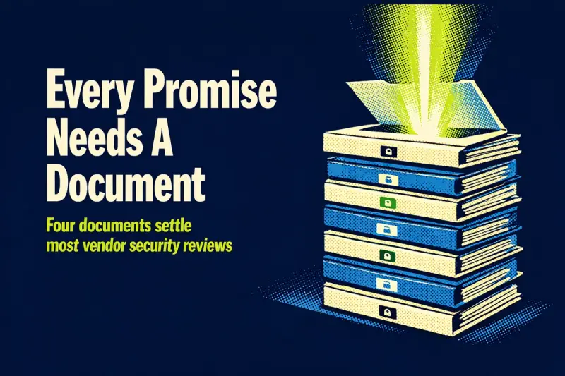 Retro halftone cover on a midnight navy ground showing a tall stack of sealed audit folders with the top one glowing open, standing for the evidence pack in vendor security due diligence.