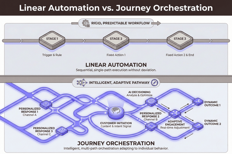An infographic titled 'Linear Automation vs. Journey Orchestration' that contrasts rigid rule-based logic with adaptive AI workflows. The top half illustrates Linear Automation as a straight, fixed pathway with three sequential nodes, representing a rigid, one-size-fits-all process that executes without deviation. The bottom half illustrates Journey Orchestration as a dynamic, branching network of interconnected pathways illuminated in vivid periwinkle. This complex web represents an intelligent, AI-driven system that processes real-time signals to adaptively route individual journeys toward varied, personalized outcomes.