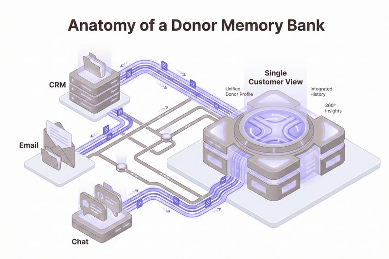 Anatomy of a Donor Memory Bank'. On the left, three distinct data source blocks representing 'CRM' (with folders), 'Email' (with an envelope), and 'Chat' (with speech bubbles) are shown. Glowing purple data streams flow from each of these sources along a network of paths, converging into a large, central, illuminated hub labeled 'Single Customer View'. Surrounding the central hub are the text annotations: 'Unified Donor Profile', 'Integrated History', and '360° Insights'. The overall illustration demonstrates the consolidation of donor data from multiple channels into a comprehensive, unified profile.