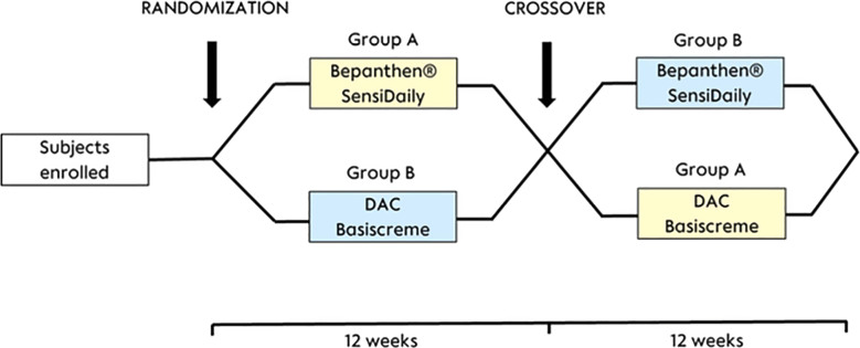 Study design, highlighting the treatment sequences for each group and the timing of product application during the 24-week trial period. This design allows for a crossover comparison of the two interventions, providing insights into the effects of Bepanthen® SensiDaily (BSD) and DAC Basiscreme (DAC) on different skin areas over the course of the study.