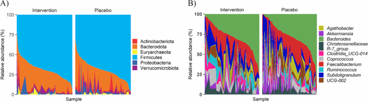 Relative abundance (%) of the top six phyla and top ten genera, partitioned by treatment group at baseline. Each bar represents an individual sample, with colors indicating specific phyla or genera. A) Phylum-level composition, B) top ten genera composition.