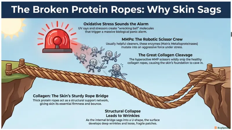 The Broken Protein Ropes: Why Skin Sags