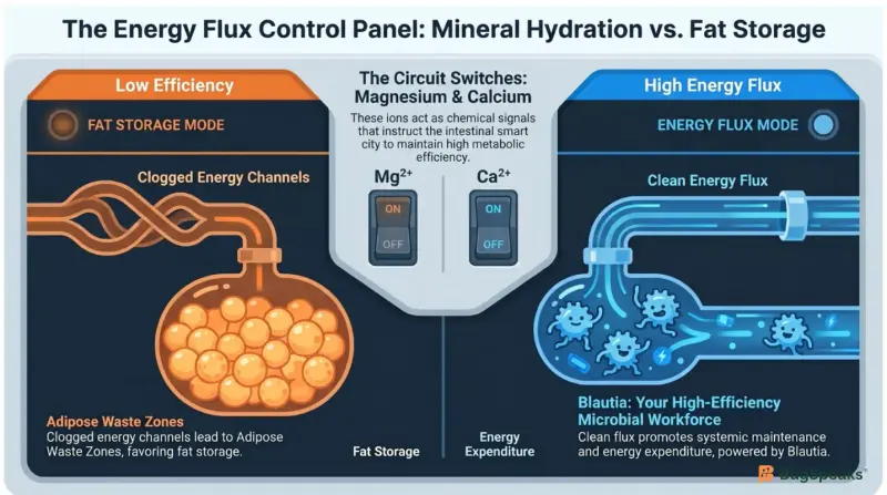 The Energy Flux Control Panel: Mineral Hydration vs Fat Storage