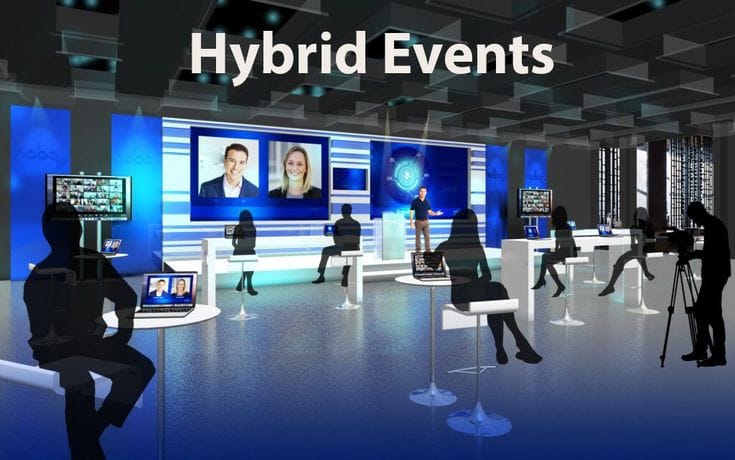 This may contain: people are standing around in front of televisions with the words hybrid events on them