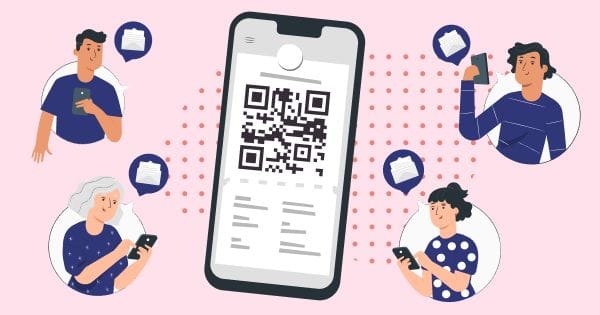 This may contain: people looking at their cell phones with qr code on the screen and icons above them