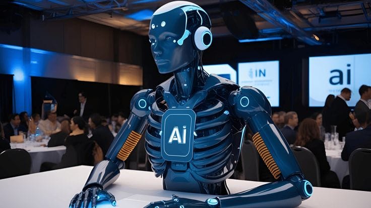 This may contain: a robot sitting at a table in front of a group of people with headphones on