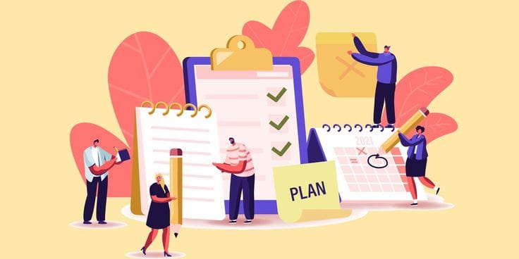 This may contain: people standing around a calendar with the word plan written on it in front of them