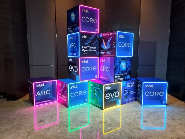 This may contain: an array of intel core products displayed on the floor