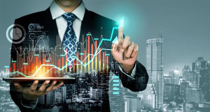 This contains: Businessman working with digital finance business graph of perceptive technology stock photography