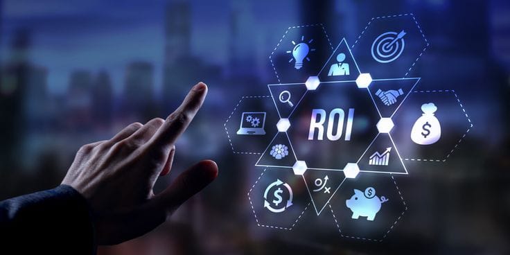 This may contain: a person touching the word roi on a screen with icons and symbols surrounding it