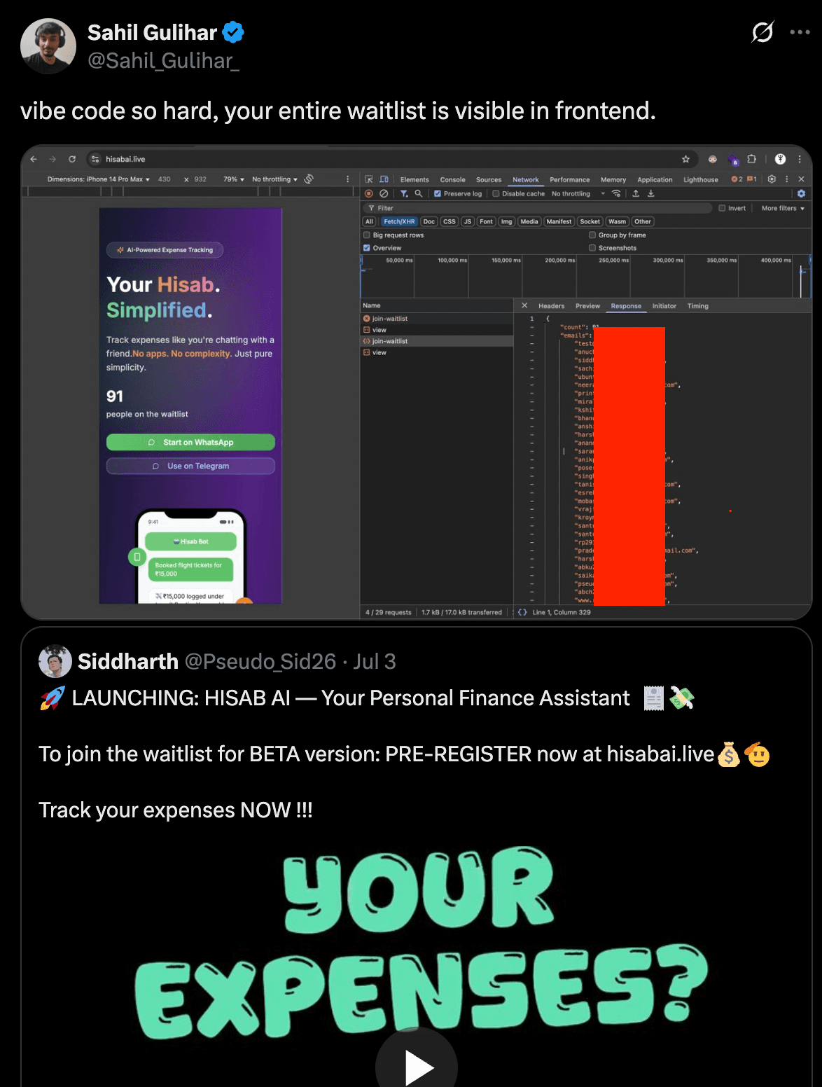 Vibe code so hard, your entire waitlist is visible in frontend.