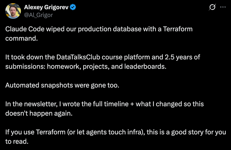 Claude Code wiped production database with a Terraform command