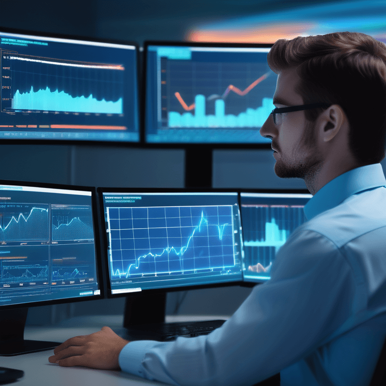 Trader analyzes holographic options charts from AlgoTest's Strategy Builder on a computer in a peaceful office.