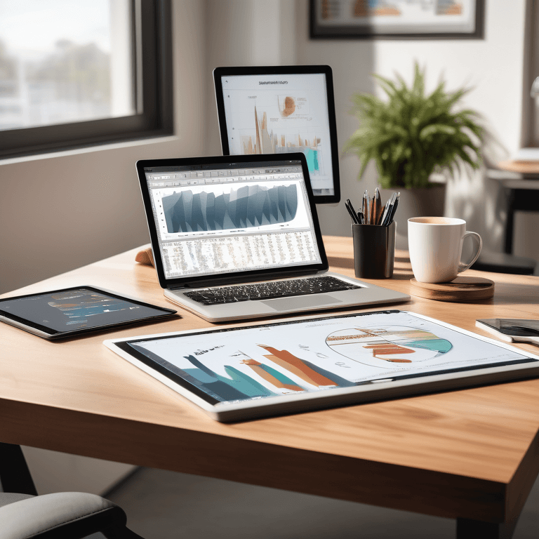 Professional workspace with a laptop showcasing AlgoTest's software, charts, a tablet, and coffee.