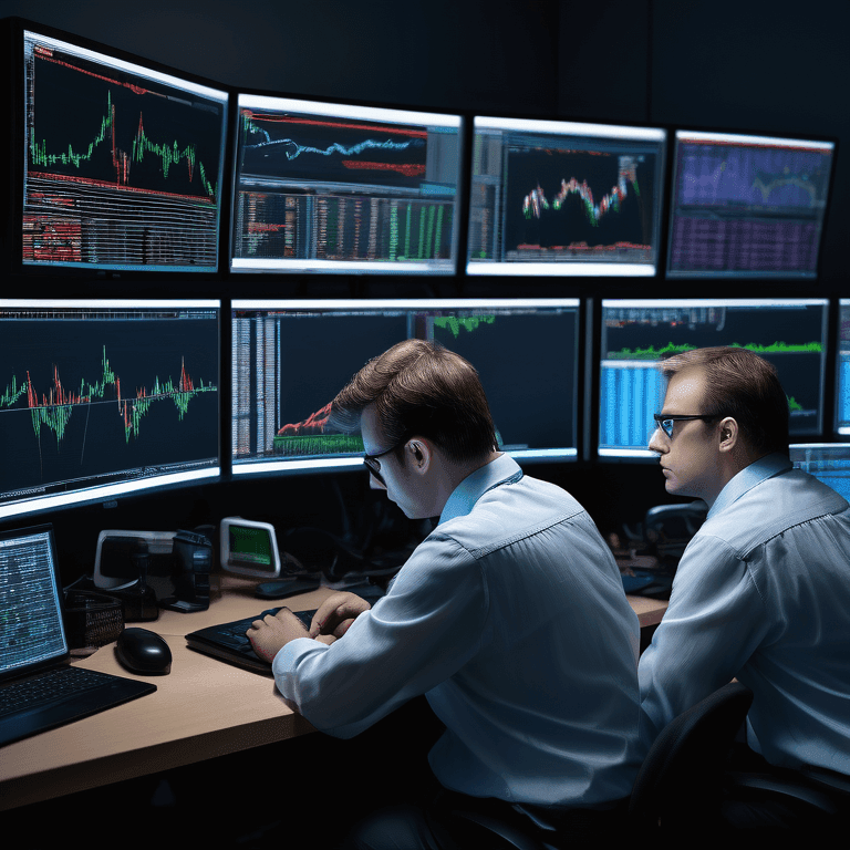 Person analyzing option strategies on multiple screens in a dimly lit office.