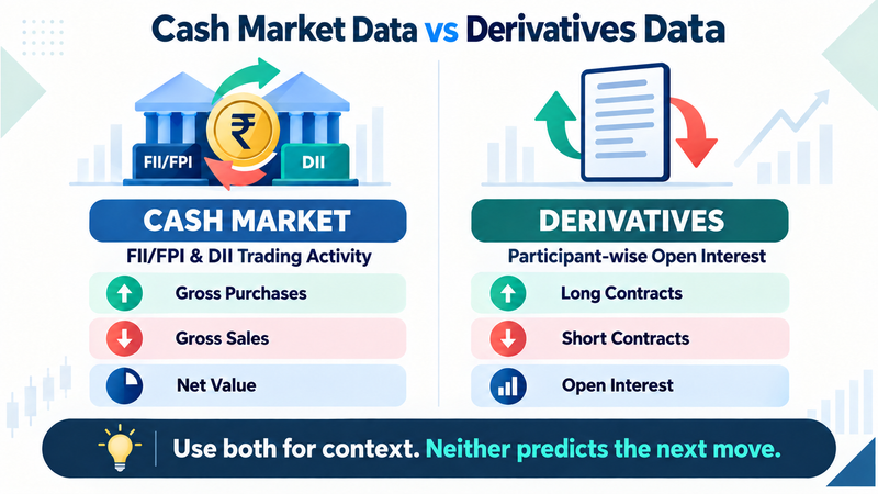 Difference between FII DII cash-market data and participant-wise derivatives open interest