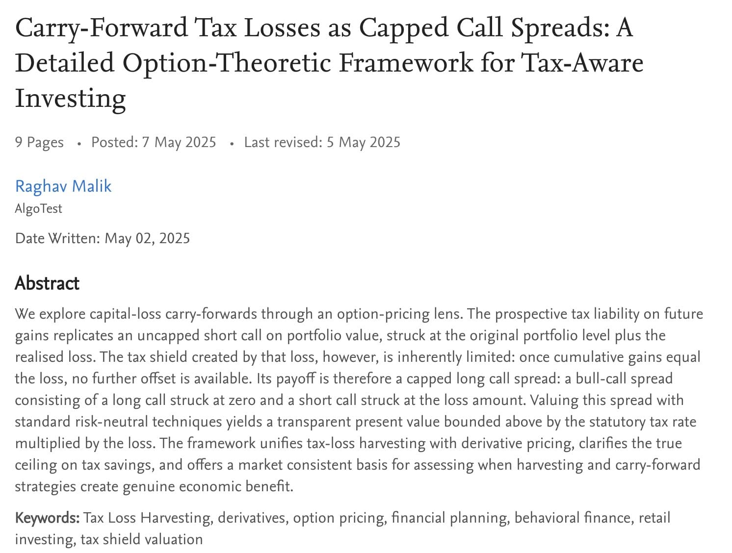 Tax Loss Harvesting = Options Pricing (Yes, Really)