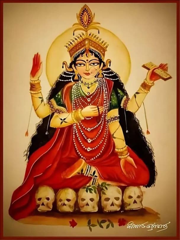An illustration of a 4-armed Ma Bhairavi in a red sareee, sitting atop 5 skulls and holding a Japa Mala and a sacred scripture in 2 of Her hands while the other 2 display Abhaya and Varada Mudras.