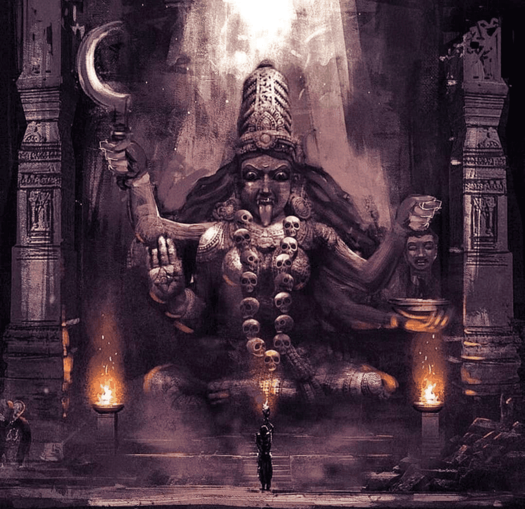 इस चित्र में किसी प्राचीन मन्दिर के भीतर एक उपासक के सामने विशालकाय माँ काली की प्रतिमा है। वे अपने ऊपरी बाएँ हाथ में खड्ग धारण की हुई हैं, ऊपरी दाएँ हाथ में कटा हुआ शीश, निचले दाएँ हाथ में पात्र, और उनका निचला बायाँ हाथ अभय मुद्रा में है।