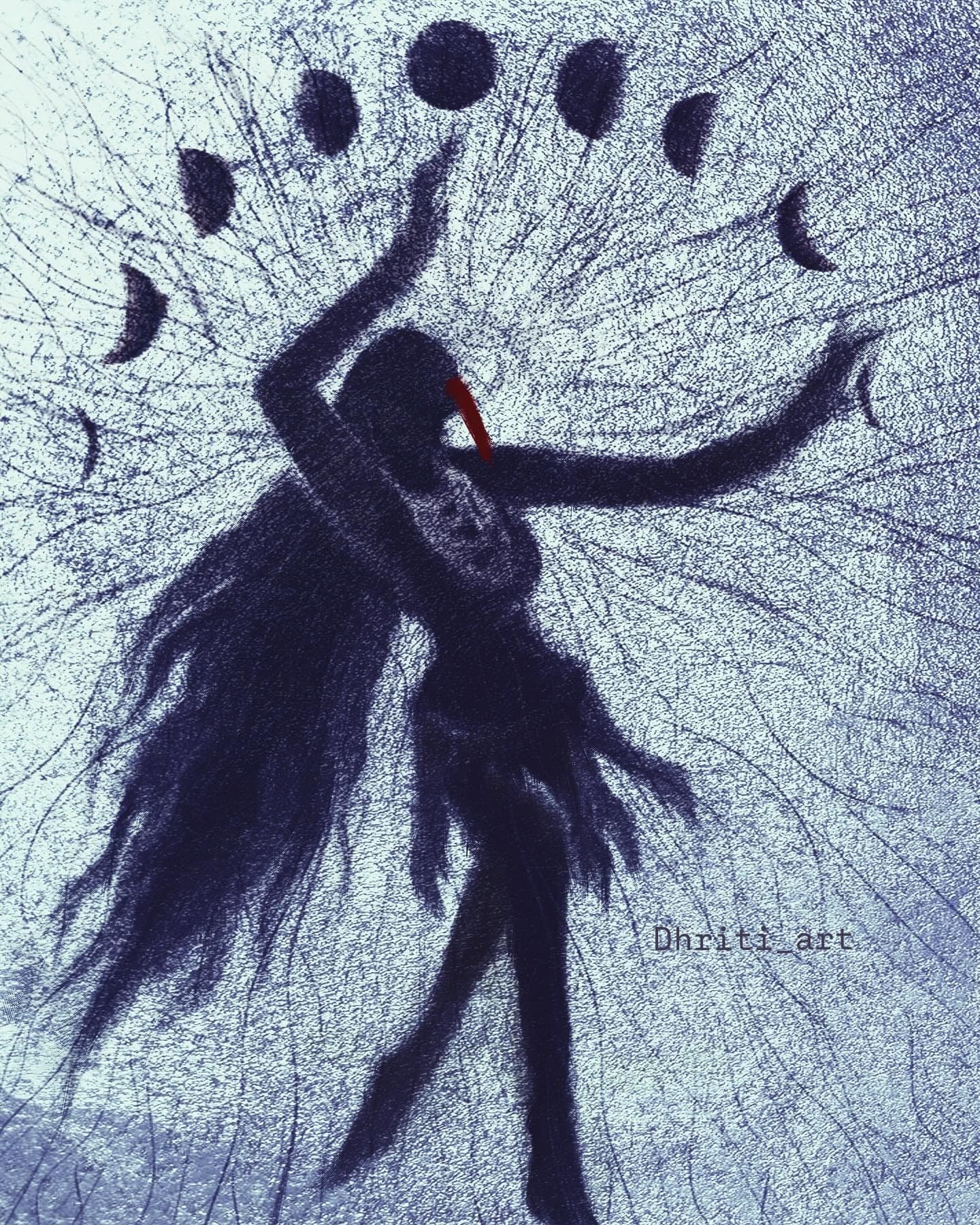 इस चित्र में एक विषयात्मक कलाकृति दर्शाई गई है, जिसमें माँ काली को २ भुजाओं में, न्यूनतम शैली में चित्रित किया गया है। उनकी दीर्घ, लाल जिह्वा बाहर निकली हुई है, जो रंग-विन्यास में तीव्र विरोधाभास उत्पन्न करती है। उनके ऊपर चन्द्रमा की ९ विभिन्न कलाओं को इन्द्रधनुषाकार रूप में संयोजित किया गया है।