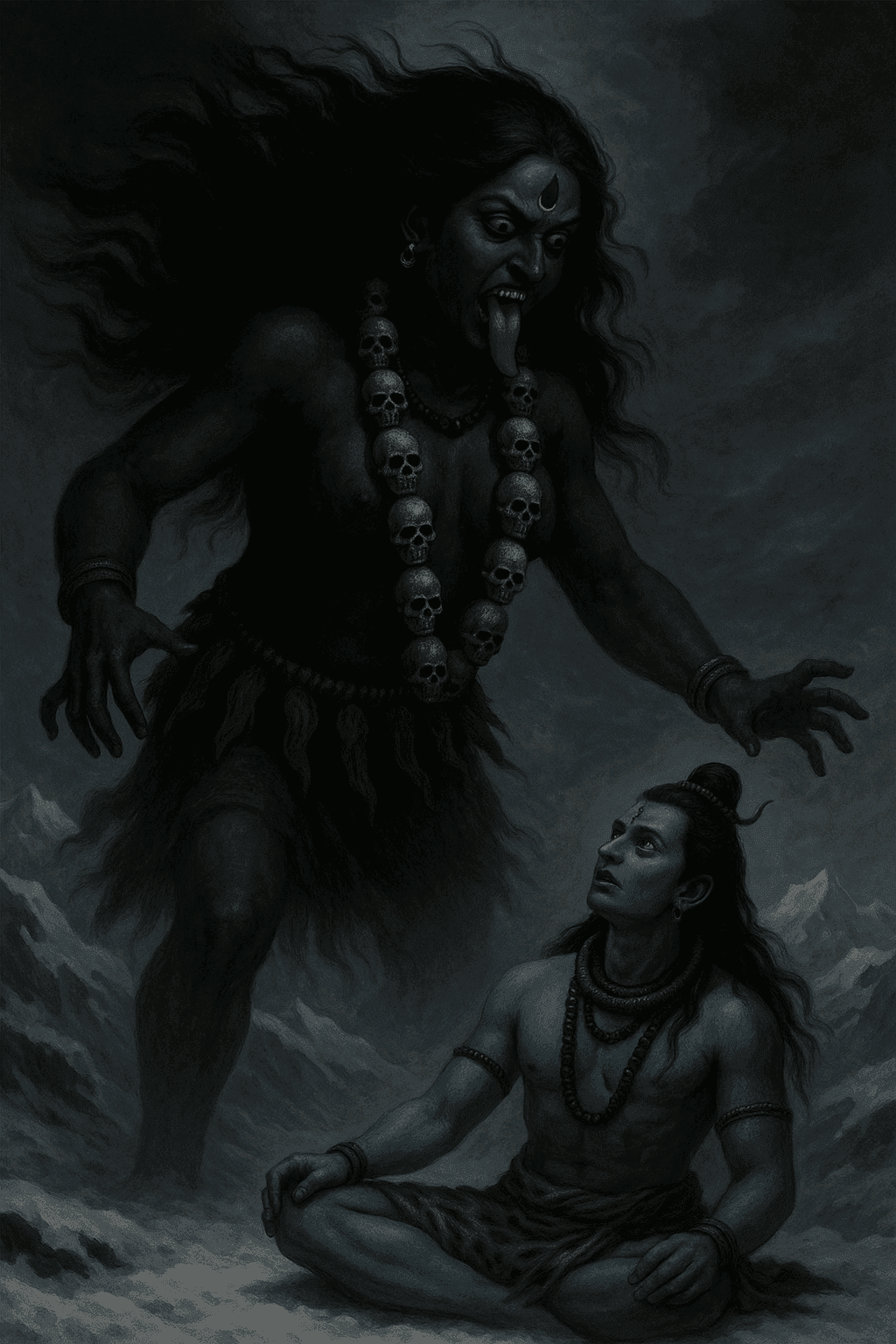 ए.आई. द्वारा निर्मित चित्रण में एक विशालकाय तथा उग्र माँ काली हिमाच्छादित भूमि पर पद्मासन में बैठे आश्चर्यचकित भगवान् शिव पर ऊपर से छा रही हैं और उनकी नेत्रों में नेत्र डालकर देख रही हैं। माँ काली के दो भुजाएँ हैं, जिह्वा बाहर लटक रही है तथा गले में मुण्डमाला सुशोभित है।