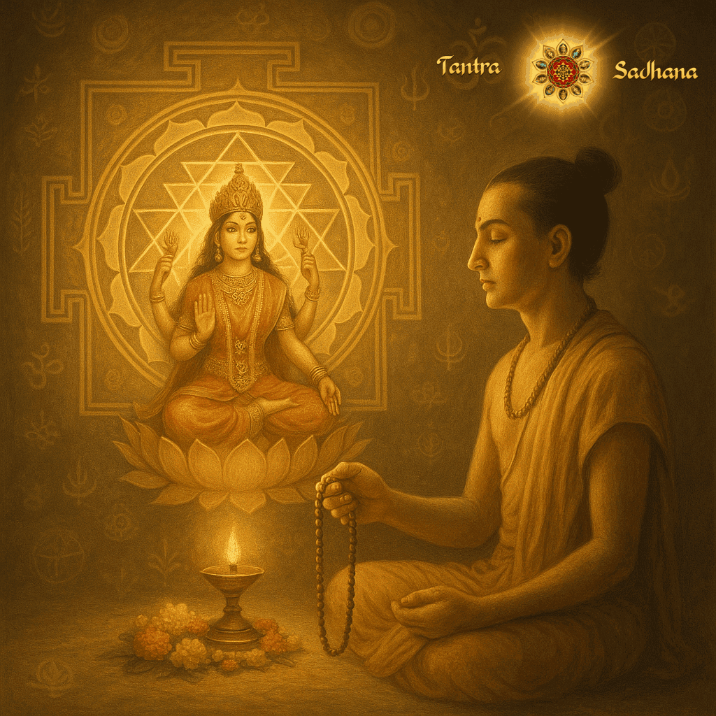 यह एक ए.आई. द्वारा निर्मित चित्र है, जिसमें एक भक्त की पार्श्व-प्रोफ़ाइल दिखाई गई है, जो भूमि पर बैठकर जपमाला से जप कर रहा है और जिसके सम्मुख एक दीपक प्रज्वलित है। दीपक के ऊपर श्री यंत्र के समक्ष श्री देव��� का साकार स्वरुप दर्शित है।