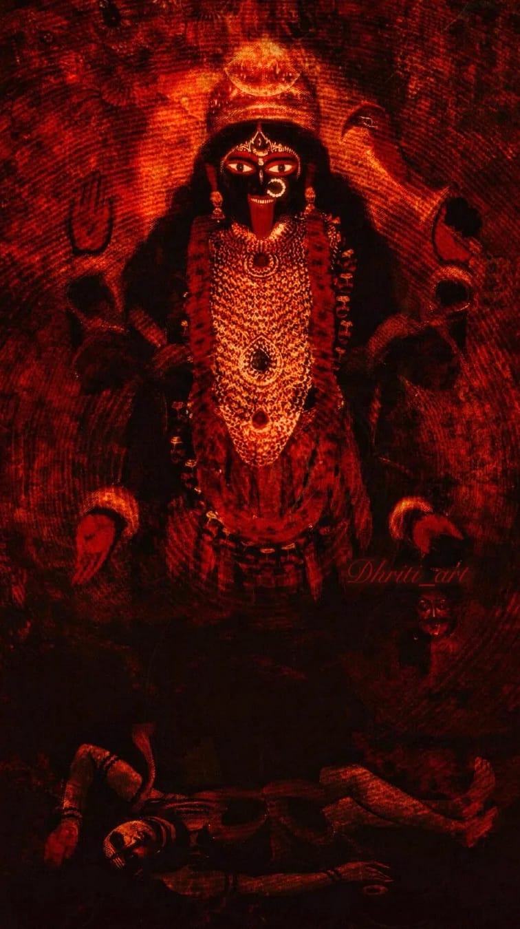 इस चित्र में माँ दक्षिणा काली का एक कलात्मक चित्रण दर्शाया गया है, जिसमें वे भूमि पर शयन करते हुए भगवान शिव के ऊपर खड़ी हैं। उनका ऊपरी बायाँ हाथ अभय मुद्रा में है, और निचला बायाँ हाथ वरद मुद्रा में। ऊपरी दायें हाथ में खड्ग है, तथा निचले दायें हाथ में कटा हुआ शीश।