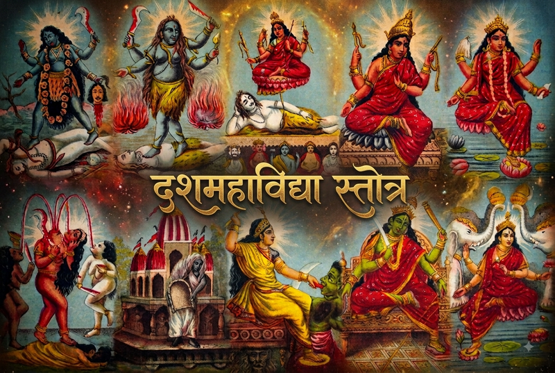 दशमहाविद्याओं के मूर्तिशास्त्रीय स्वरूपों का एक कोलाज, जिस पर शीर्षक है : दशमहाविद्या स्तोत्र।