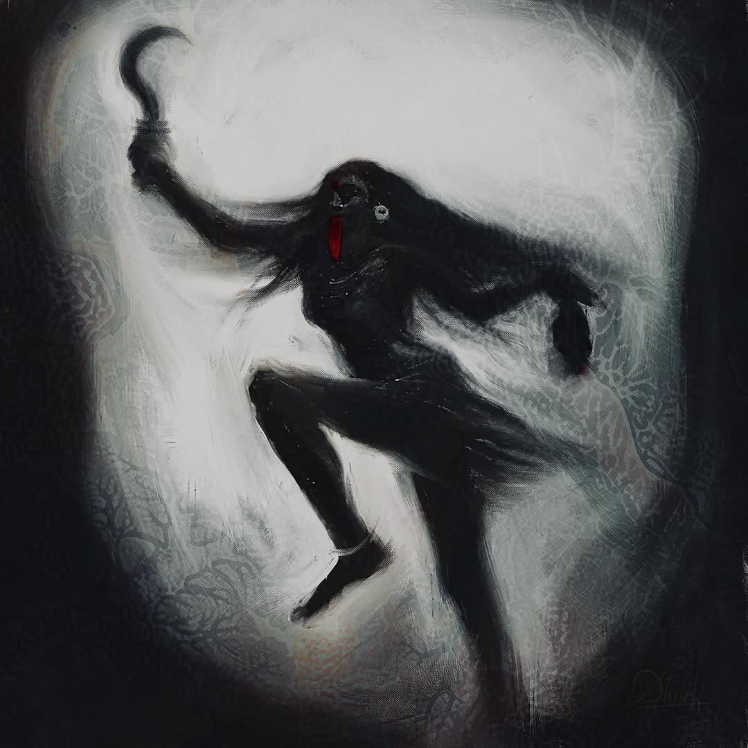 माँ काली की एक कलाकृति जिसमे उन्होंने अपने २ हाथों में खड़गे एवं कपाल धारण किये हैं।