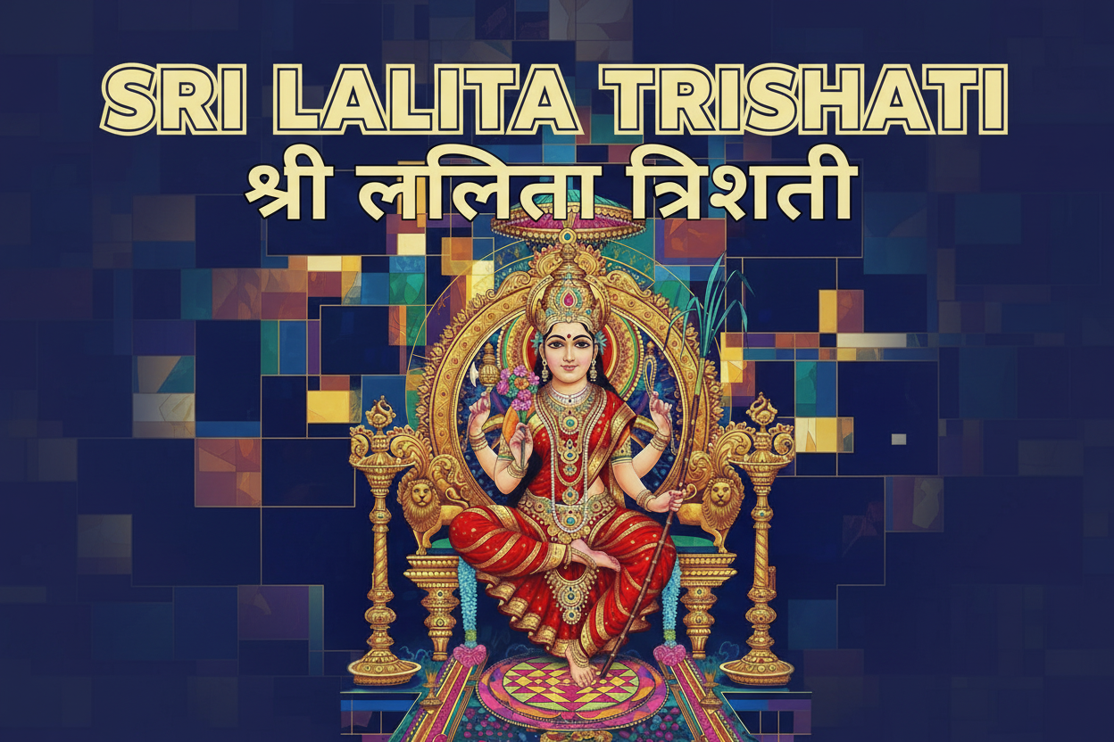 An illustration of the standard iconography of Ma Tripura Sundari, seated on a throne.